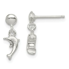 .925 Sterling Silver Dangle Dolphin Post Earrings 15mm x 6mm Children's Jewelry