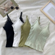 Women Camisole With Built In Shelf Bra Adjustable Thin Shoulder Strap Vest Tan  