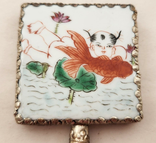 Vintage Mini Asiatischer Porzellan Spiegel Jade Griff - Bild 3 von 6