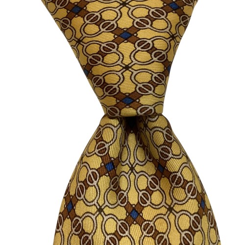 HERMES 7109 OA Men's 100% Silk Necktie FRANCE Luxury Geometric Yellow/Brown GUC