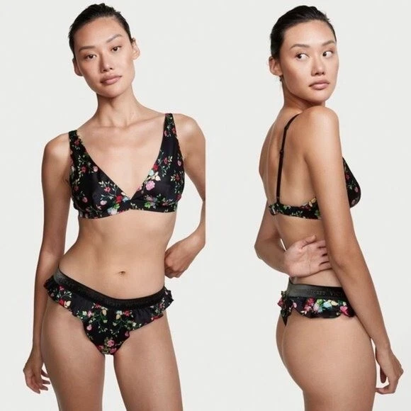 PEQUEÑO Victoria’s Secret Sujetador Floral Negro Conjunto Bralette 100% Seda Tanga Bragas Foto 3 de 4