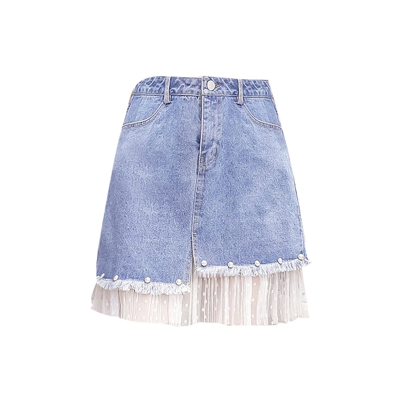 Lady Asymmetrical Short Skirt Mini Mesh Denim Patchwork Splice