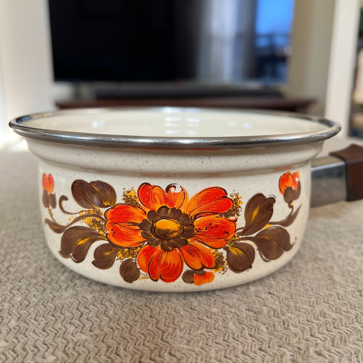 Moneta Vintage 70s Orange Flower Sauce Pan Made Italy Enamel