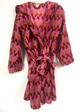 Vera Bradley Womens S M Fleece Short Robe Pink Multi Hooded Lounge Cozy Plush