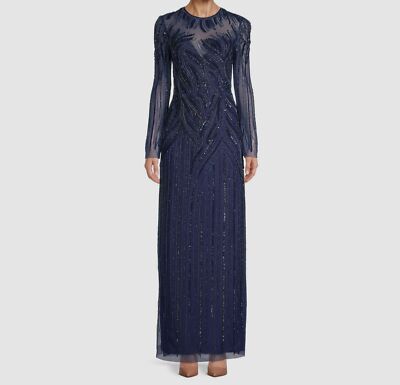 $596 Aidan Mattox Women's Blue Beaded Long Sleeve Crewneck Gown