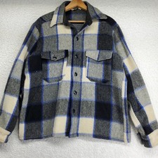 Vtg 70s Woolrich Men's Jacket M Blue Black Plaid Wool Hunting Flannel Shacket