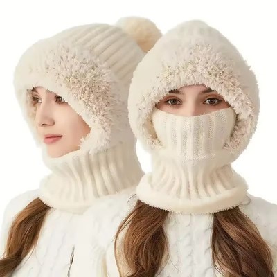 Winter Fleece Knit Hat w/ Ear Flaps Windproof Hooded Neck Gaiter Cycling Cap