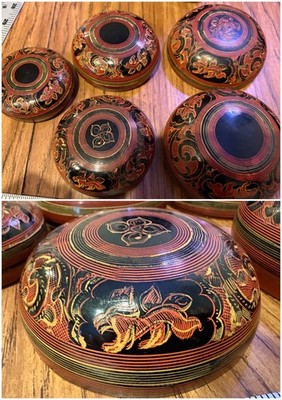 Vintage Burmese Lacquerware Nesting Bowls Set 5 Thai Laos Myanmar Betel Box 1986