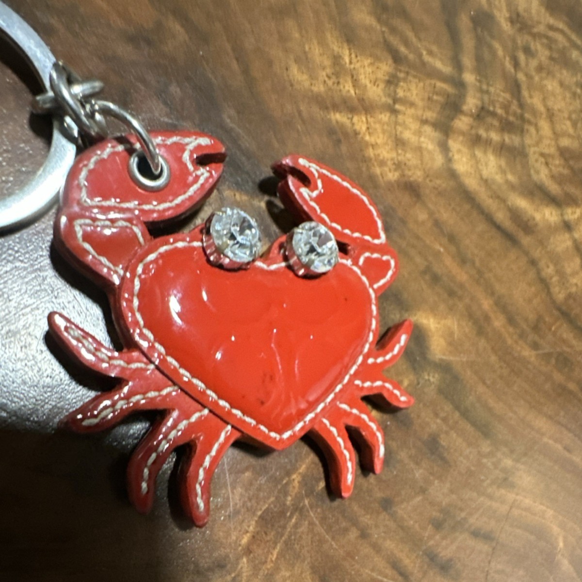 Vintage Coach Red Crab Leather Key Chain with Rhinestone Accents