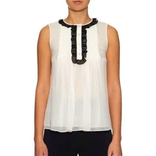 Diane Von Furstenberg Betsy Silk Tuxedo Blouse Black Ivory Sheer Ruffle Womens 8