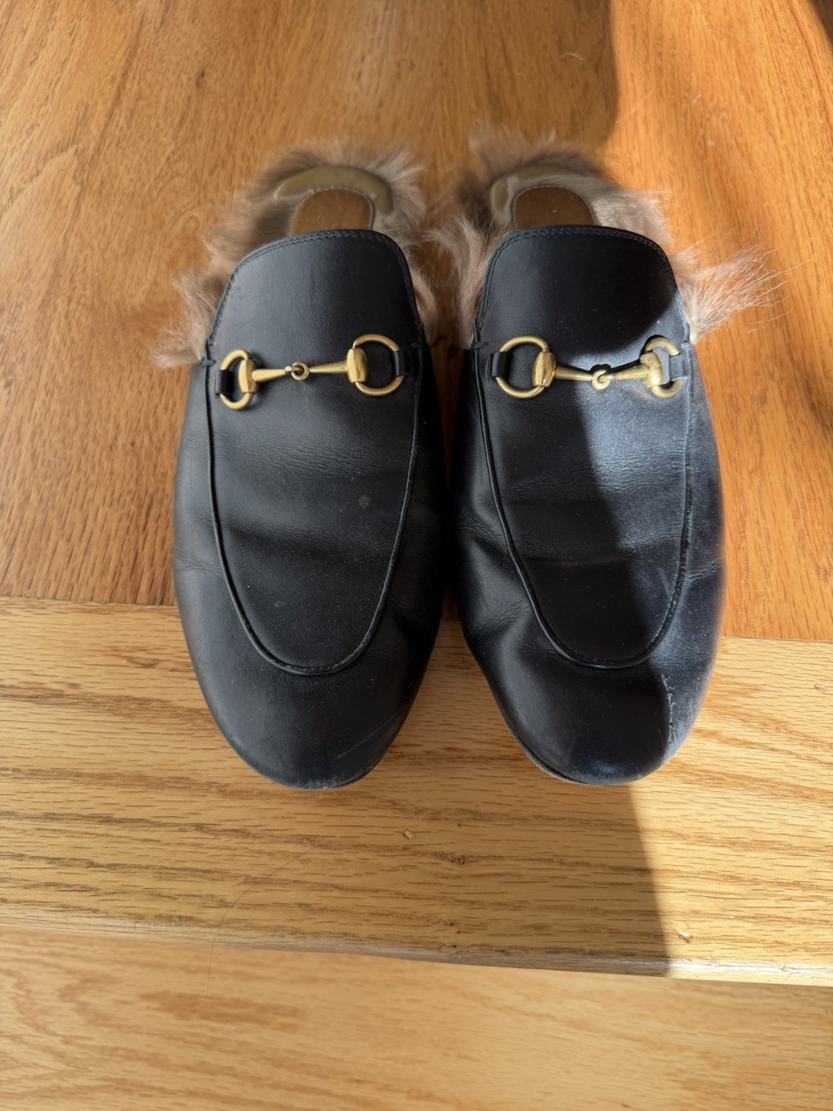 GUCCI Princetown horsebit Mules shearling-lined leather slippers Size 9.5 39.5
