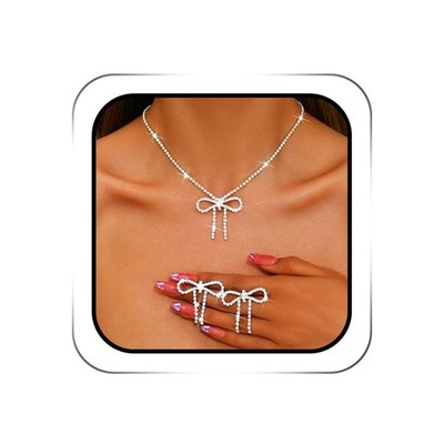 ACEDRE Rhinestone Bow Jewelry Set Silver Sparkly Crystal One Size, 1-Silver