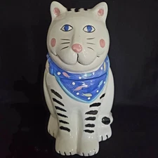 VTG Coco Dowley Cat Cookie Jar White Black Stripes w/Blue Scarf **Minor Chip**