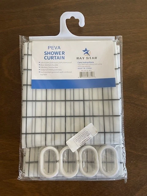 Shower Curtain PEVA 70”x72” - Ray Star w/rings Black Grid Patter on White NEW - Image 3 of 3