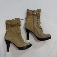 Guess Vintage Y2K Combat Leather Tan Suede Heels Platform Buckle Gorpcore Boots