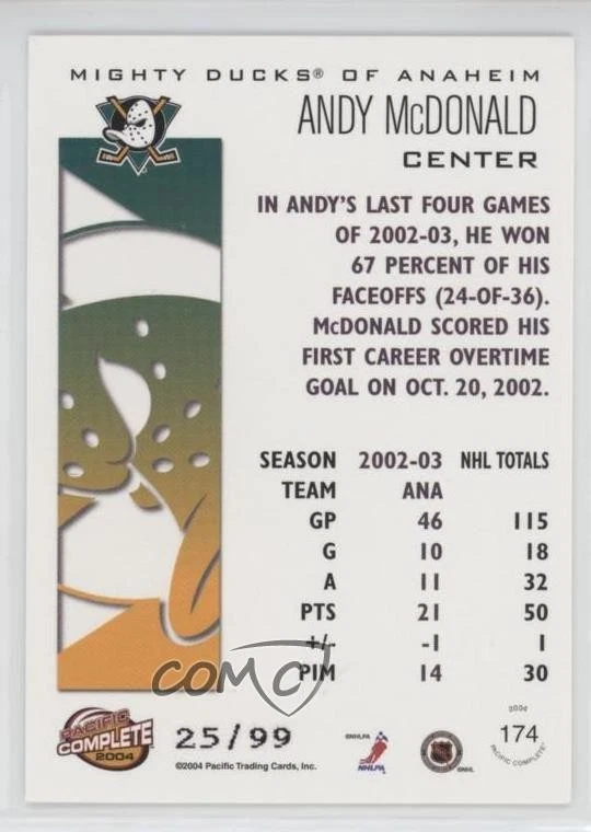2003-04 Pacific Complete Red /99 Andy McDonald #174 - Image 2 of 2