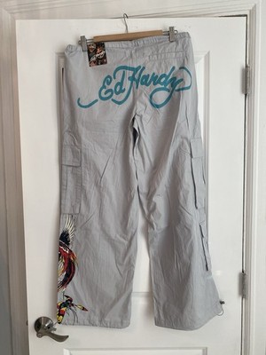 NWT Ed Hardy Gray Baggy Oversized Cargo Pants Summer Windbreaker Women s Small