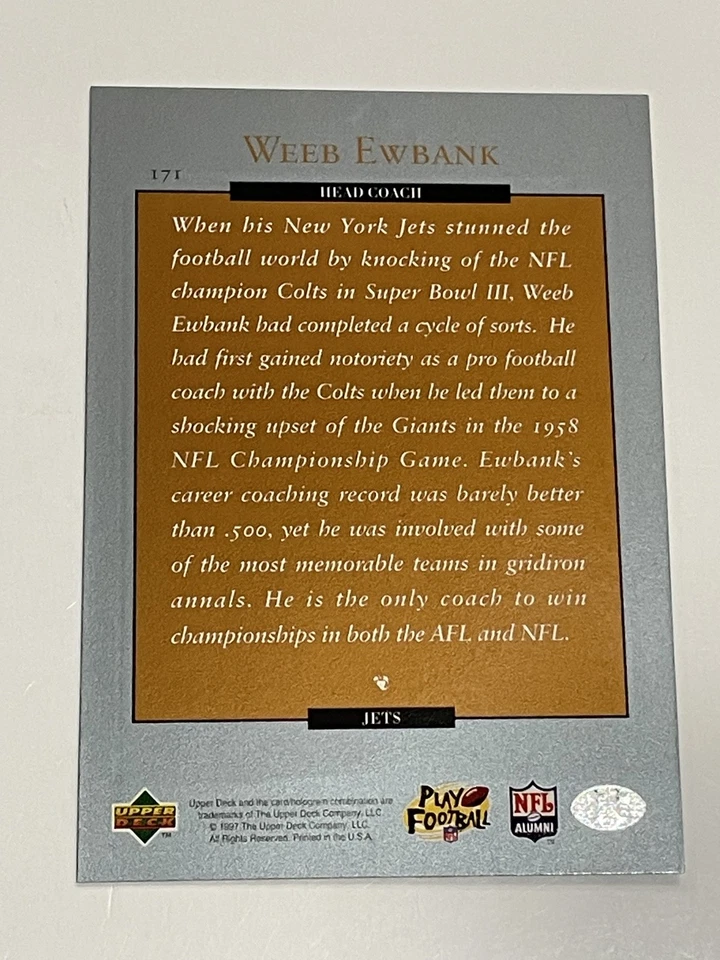 1997 Upper Deck Legends Football #171 - Weeb Ewbank - New York Jets - Image 2 of 2