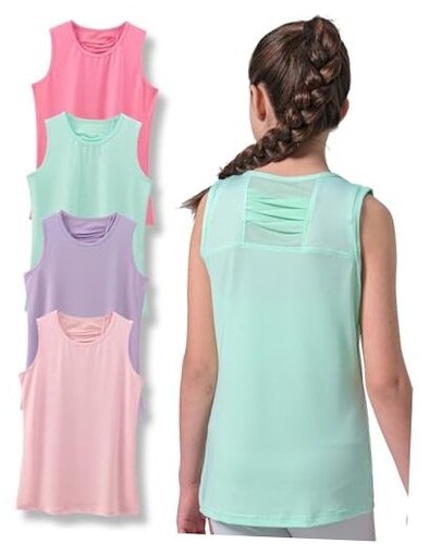 4 Pack Youth Girls Athletic Tank Tops Dry Medium Pink/Lavender/Mint/Light Pink