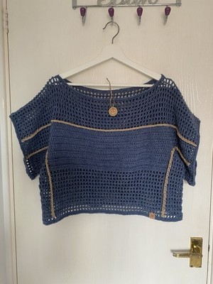 Handarbeit Häkeltop - blau mit beigem Acryl offen Strick - Gr. L/XL - Lagenlook Stück