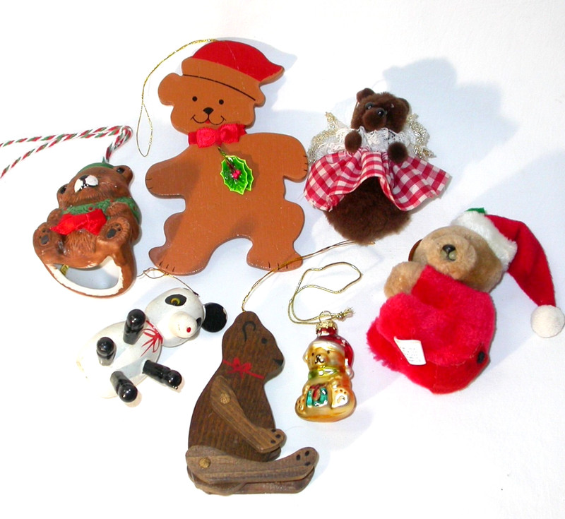 Vintage Christmas Bears Ornament Lot Panda Santa Teddy Set 7 Glass Wood Ceramic