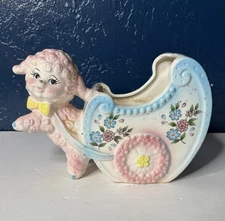 Vintage Ceramic Baby Shower Planter Lamb pulling a buggy Napco 6207 