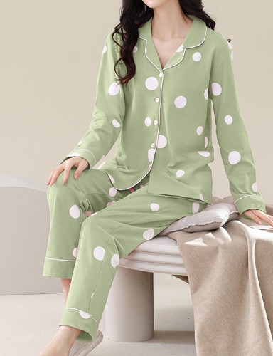 Cotton Women's Pajama Set 2 Pcs Long Sleeve Sleepwear Button Front Long PJ Pants - Picture 10 of 11