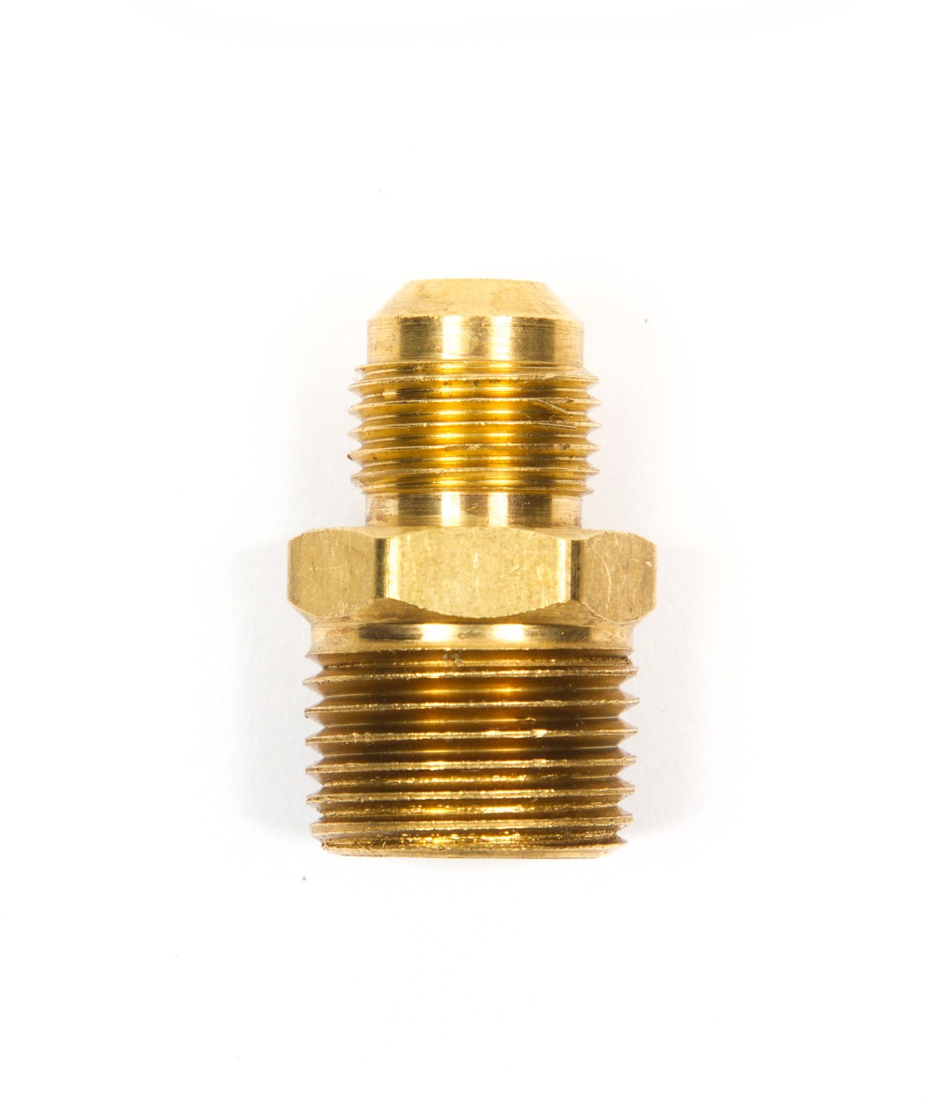 PHA12M: 3/8" MALE FLARE SAE x 1/2" MALE NPT – BRASS LP / NG HOSE ADAPTER FITTING