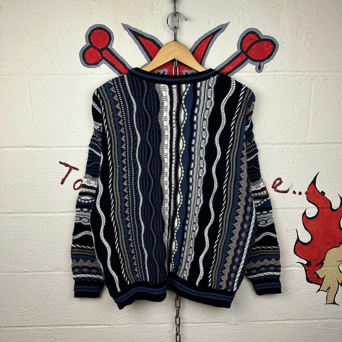 トップス 90S CLASSICS PALMLAND 3D KNIT SWEATER Vintage 90s Classics Palmland Hip Hop 3D Knit Textured Navy