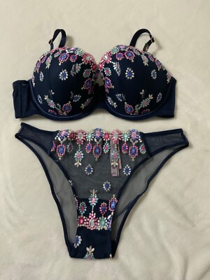 NWT VICTORIA'S SECRET DREAM ANGEL EMBROIDERY DEMI BRA 36D CHEEKINI PANTY MEDIUM