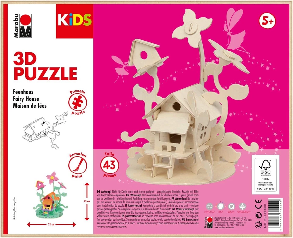 Marabu 3D Holz Puzzle Mädchen Feen Haus Kinder Spielzeug 43 Teile ausmalbar neu