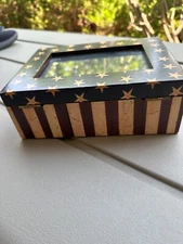 WARREN KIMBLE Stars+Stripes Photo/Trinket Box Glass 6"x4" Photo Opening Fetco
