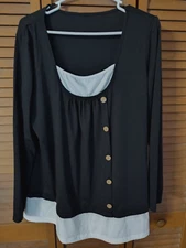 Unbranded Ladies SZ L Black/White Layer Look Top NWOT Buttons Polyester/Spandex