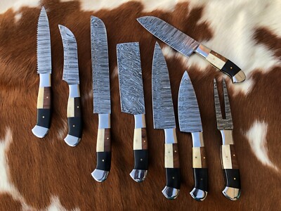 Handmade Damascus Steel 8 Knives Of With Camel Bone And Wood Handle CS# 0002