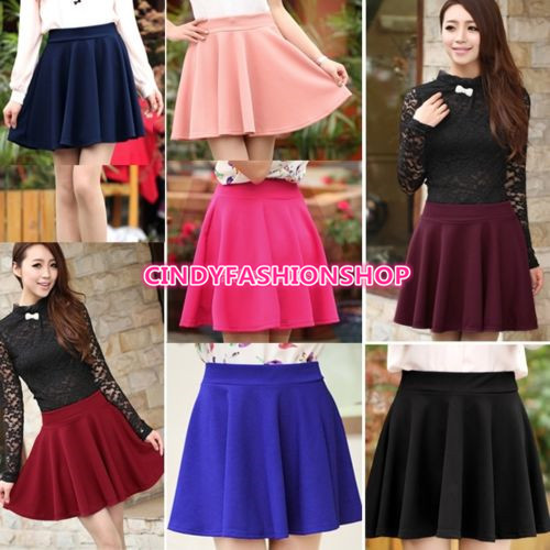 Women Cute Mini High Waist Skater Skirt Plain Flared Pleated Vogue Short Dress - Picture 1 of 21