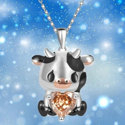 Cute Orange Heart Cow Pendant Necklace Pretty Animal Pattern Jewelry Women Gift