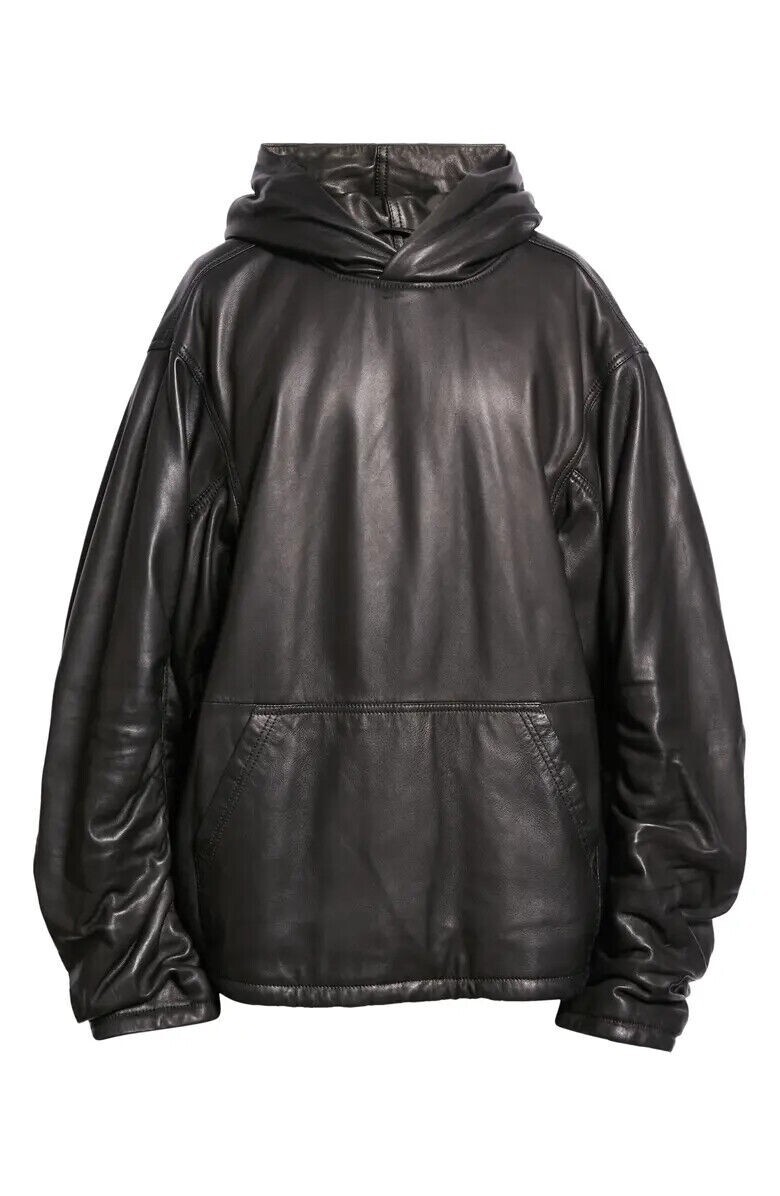 Men Black Oversized Hoodie Leather Jacket Soft Lambskin Casual Coat