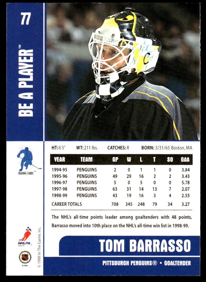 1999-00 Be a Player Memorabilia #77 Tom Barrasso Pittsburgh Penguins Card HOF - Image 2 of 2