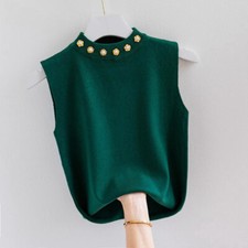 Lady Knitted Beaded Vest Tank Top Basic Turtle Neck Cami Shirt Casual Retro Cosy