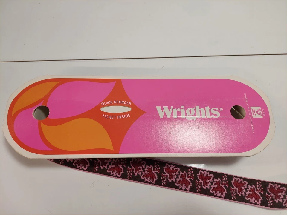 Cinta tejida jacquard vintage Wrights rosa granate y marrón hoja de arce 9 yardas Foto 3 de 4