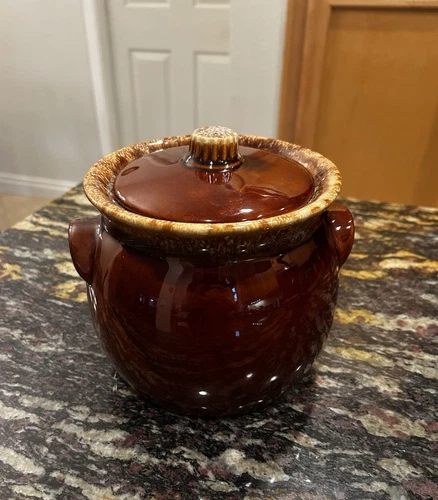 Hull Pottery Bean Pot Oven Proof USA Brown Drip Glaze Cookie Jar Stoneware W/Lid
