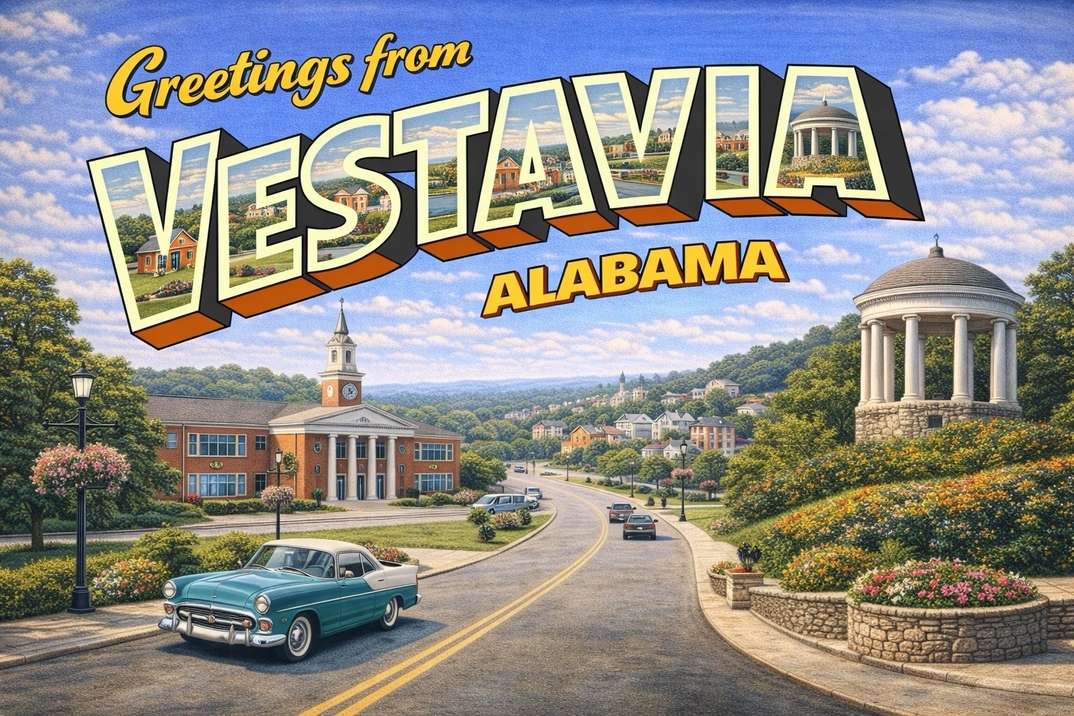 Greetings from VESTAVIA, ALABAMA Modern Vintage Postcard D907