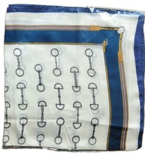 Silk Style Scarf Dark Blue White  Gold Equestrian Inspired Chain Print