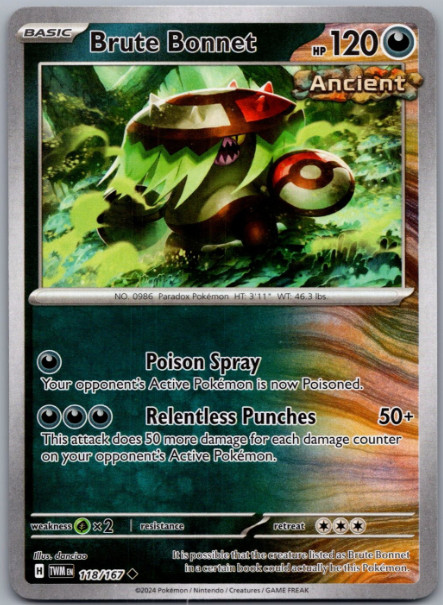 Pokemon -  Brute Bonnet - 118/167 -  Twilight Masquerade - NM/M
