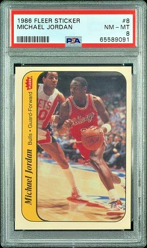 1986 FLEER STICKER #8 MICHAEL JORDAN PSA 8 Rookie Card!!!, The GOAT!!🐐🔥NICE!