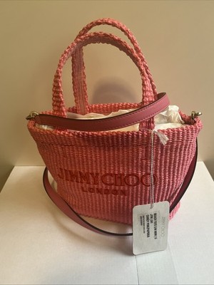 Jimmy Choo East West Raffia Beach Tote Fuchsia Pink Gold Mini New
