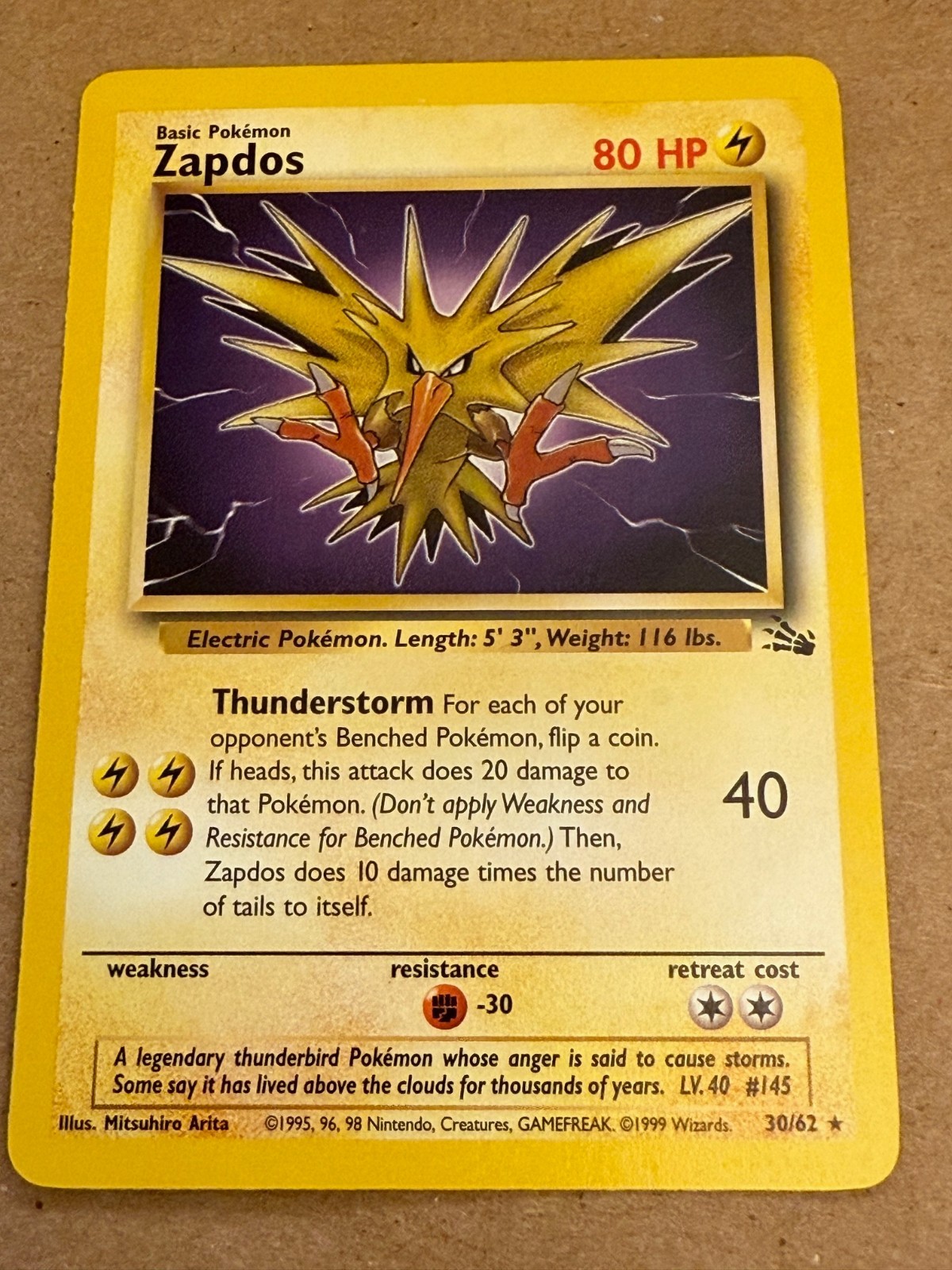 Zapdos 30/62 Fossil Unlimited Regular Pokémon Card   NM