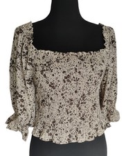 By Together Ruched Crop Top NWT Sz L Brown Floral Puffy Sleeves V-1