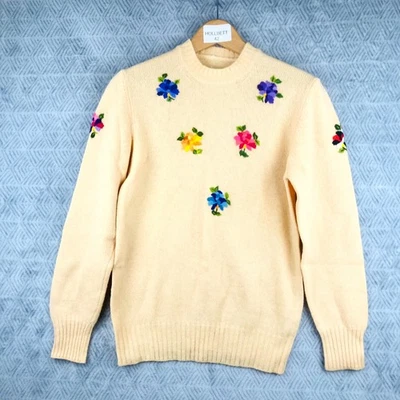Vintage Pull Femme S Beige Laine Vierge Broderie Fleurs Col Rond Hiver Enfiler - Photo 1/4