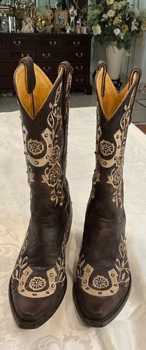 OLD GRINGO Western Boots 7.5 Leather Lucky Horseshoe Swz Crystals Brown Cowgirl